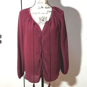 Daniel Rainn- Womens Burgundy Boho Tassel Tie 100% Silk Blouse boho Sz.Large